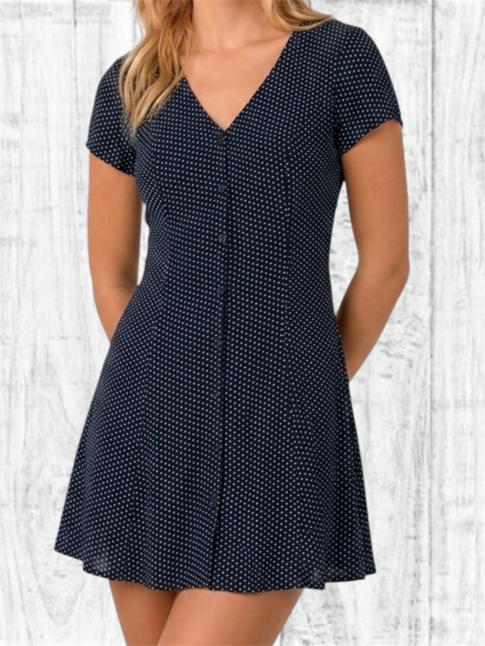 J. Galt Black White Polka Dot Button Front Mini Dress Tie Back S (36)